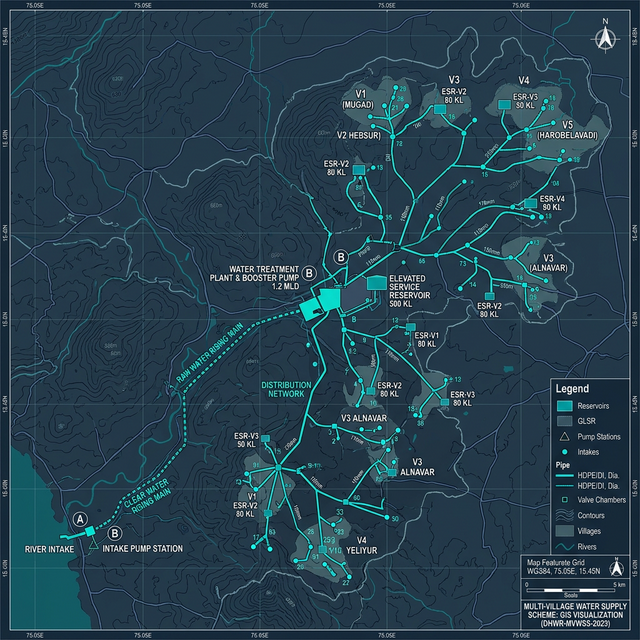 GIS map of a multi-village water supply scheme