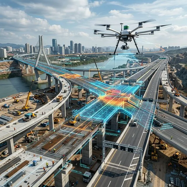 A drone performing a topographical survey over a National Highway under construction in India