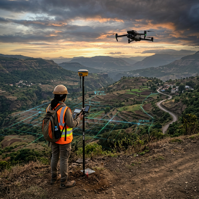 A hyper-realistic action shot of an advanced topographical land survey featuring a DJI Drone and a surveyor using CHC NAV DGPS